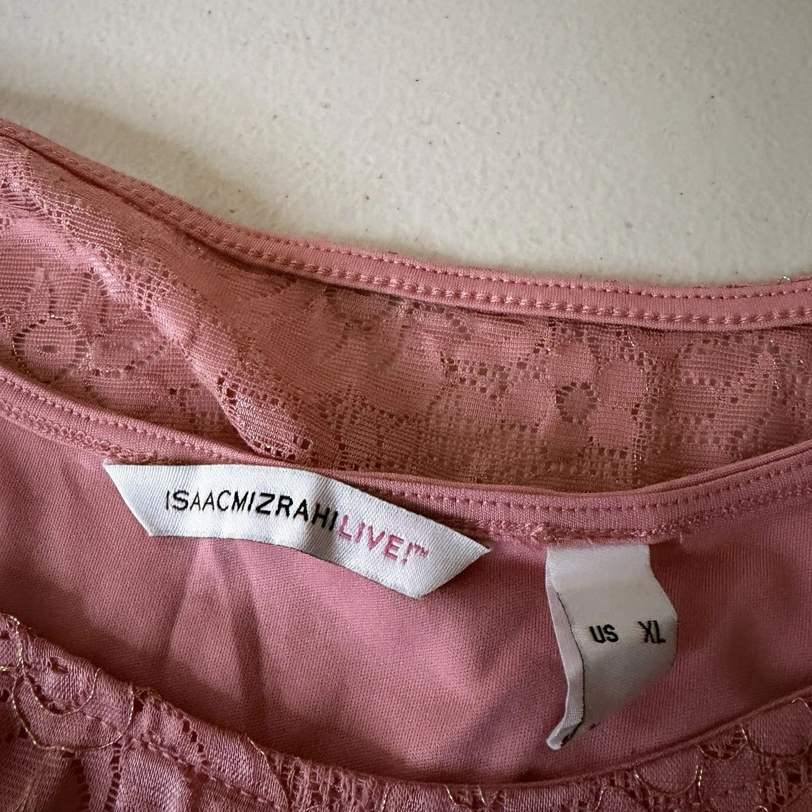 Isaac Mizrahi Live Top XL Pink Floral Lace Built In Tank Sheer Bell Sleeves - Image 2