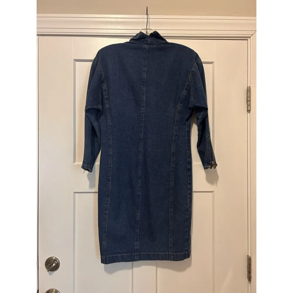Vintage 90’s Long Sleeve Full Zip Retro Midi Blue Denim Dress Size 3 Rocker - Image 7