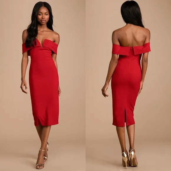Lulu’s My Favorite Night Red Off-the-Shoulder Bodycon Midi Dress NWT - Image 2