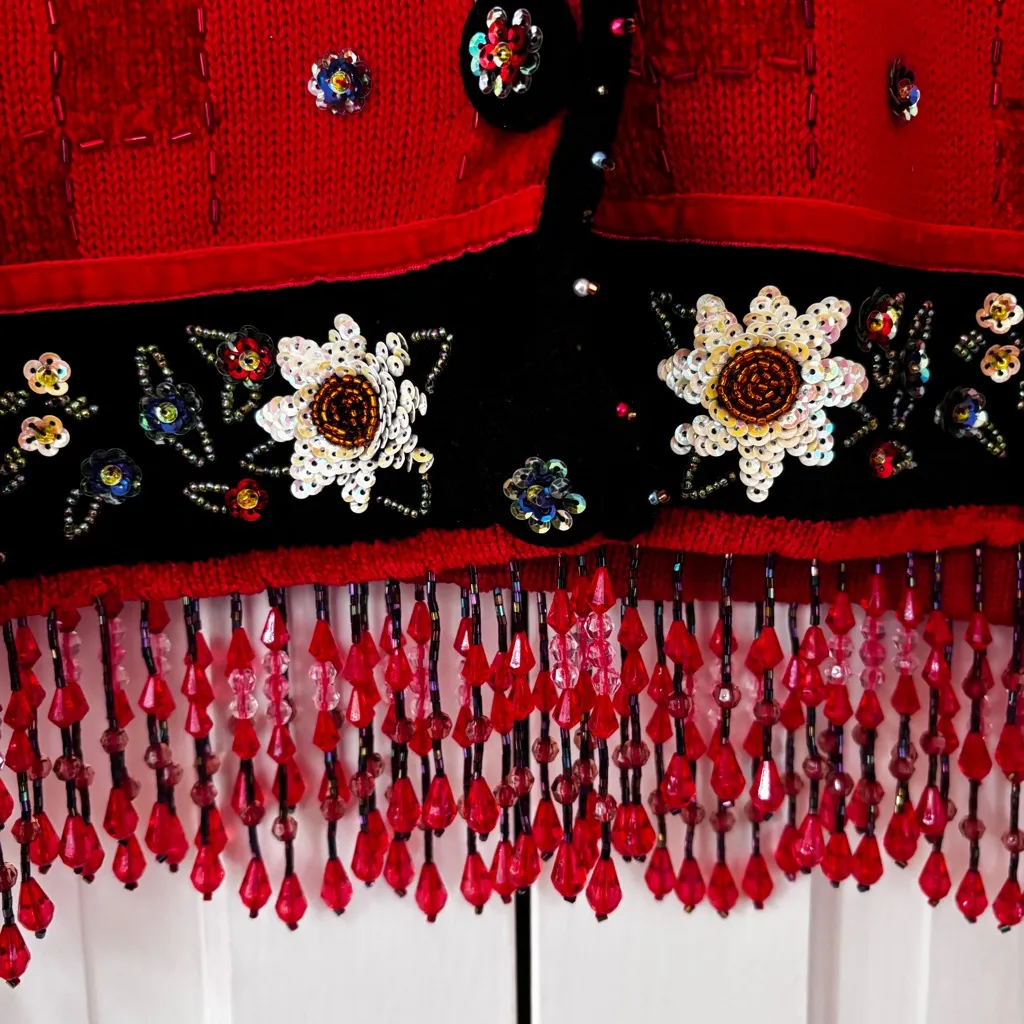 Berek Vintage Floral‎ Beaded Red Cardigan Beaded Fringe Size XL Checkered Sequin - Image 4
