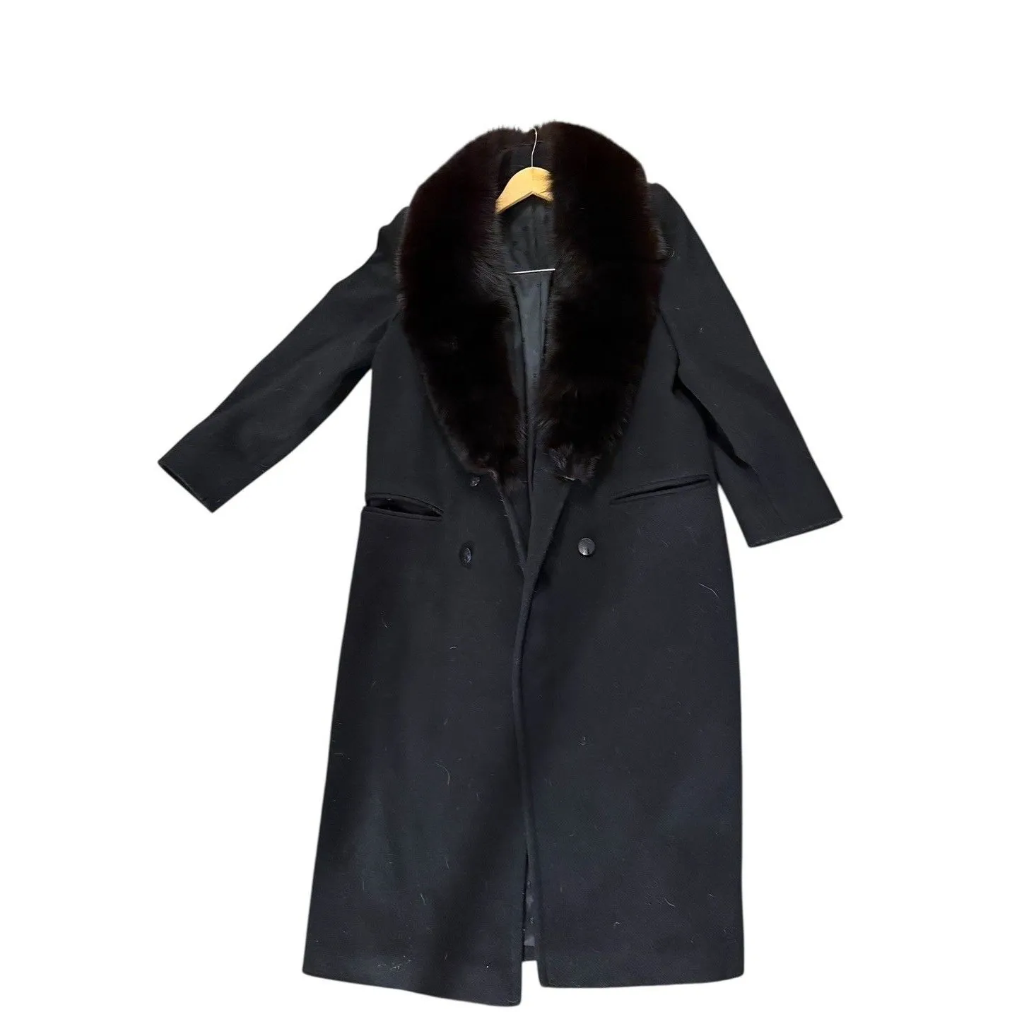 Vintage 100% Black Wool Coat Genuine Fox Fur Collar Fashions by JILL 60s Made US Size M - Image 3