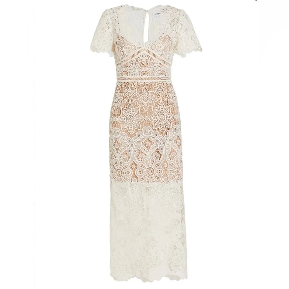 Self-Portrait Ivory Floral Guipure V-Neck Midi Dress, Size US 4 (UK 8), NWT - Image 6