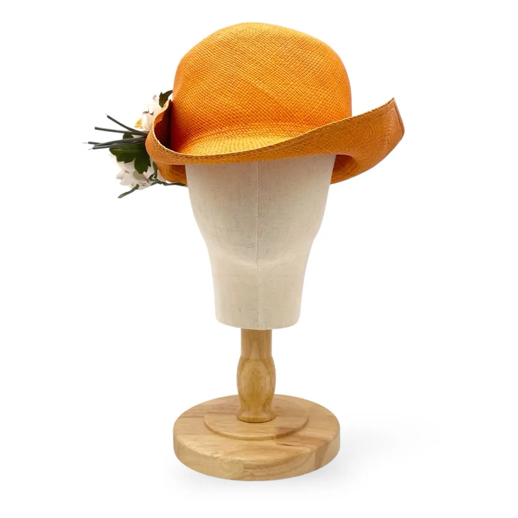 Vintage 1960s Madcaps Orange Straw Hat White Blossom Flower Pin Trim Wide Brim - Image 6