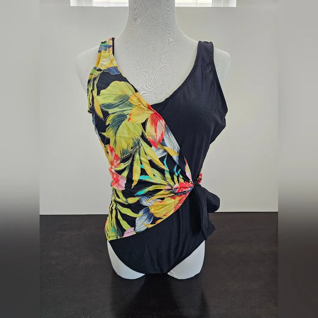 Your Best Look Tropical Floral Women's Swimsuit With Sarong Scarf Size 8 Black - Image 2