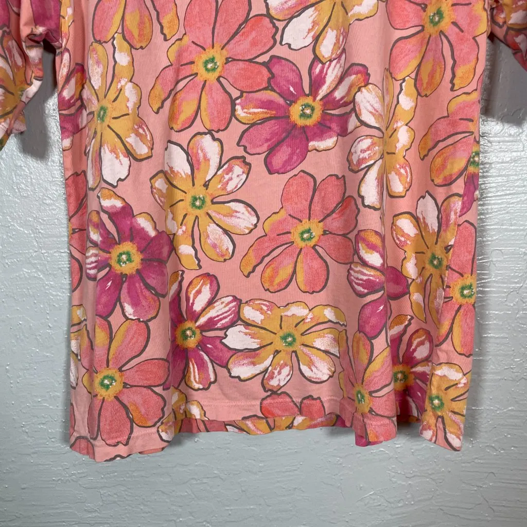 Fresh Produce Women L Pink White Yellow Floral Shirt Short Sleeve Scoop Neck - Image 5