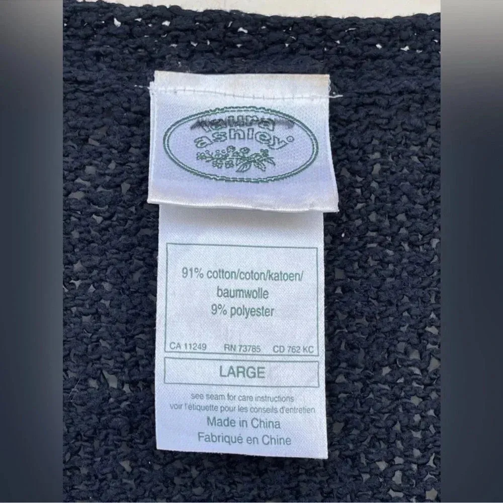 Laura Ashley Navy Blue Cardigan Sweater White Blue Embroidered Flowers Pockets L - Image 5