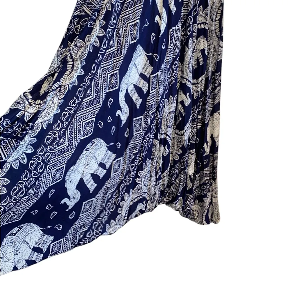 Bohemian Harem Yoga Drop Crotch Cotton Blue Elephant print romper / jumpsuit Size L - Image 5