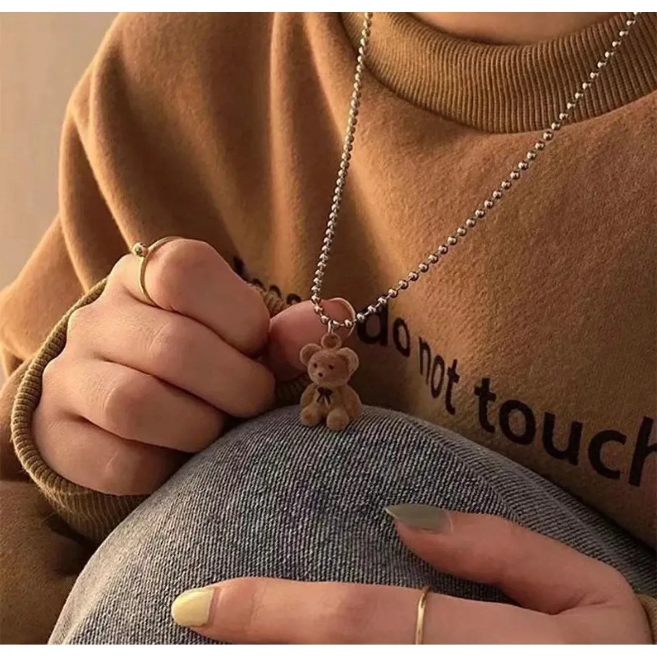 Brown Fuzzy Teddy Bear‎ Pendant Necklace Silver Ball Chain Y2K Style - Image 2