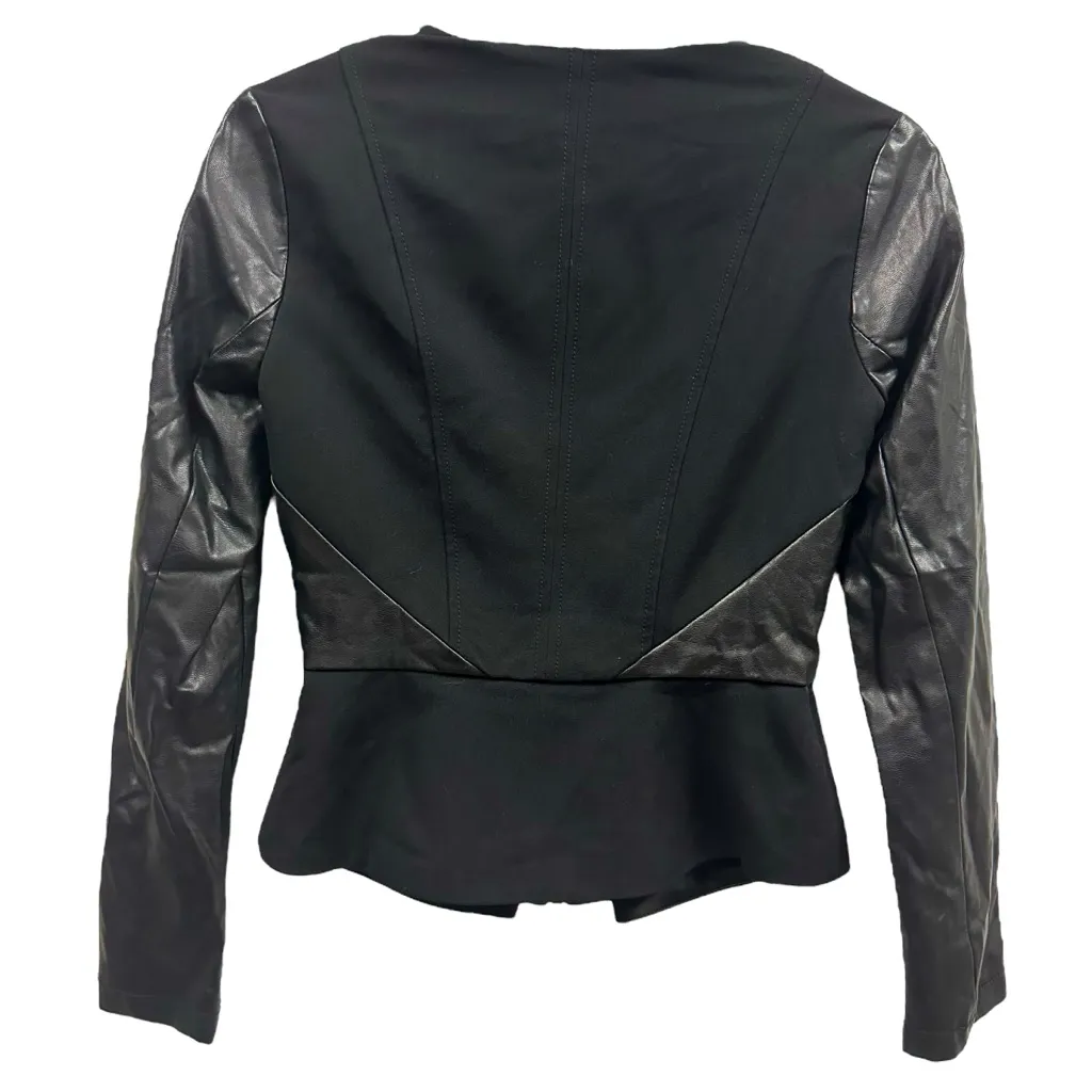 Black Faux Leather Rayon Blend Zip Up Lined Peplum XOXO Blazer Jacket Womens XS - Image 2
