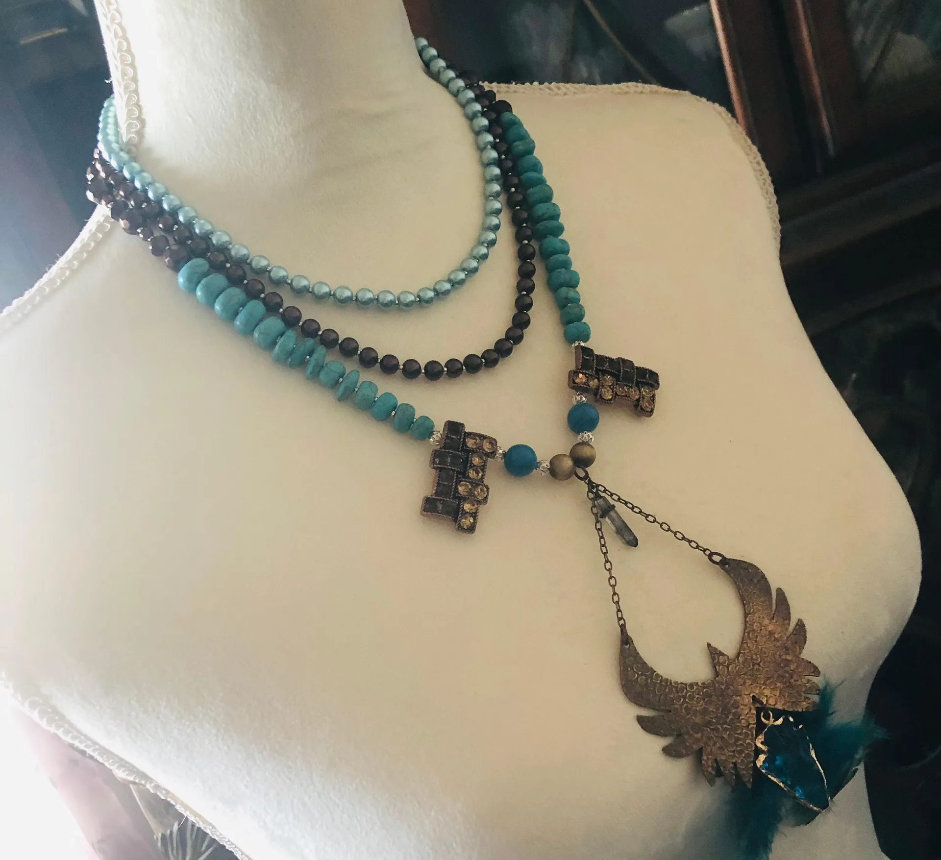 Handcrafted copper eagle Czech Pearl howlite stone clasp necklace Blue - Image 6