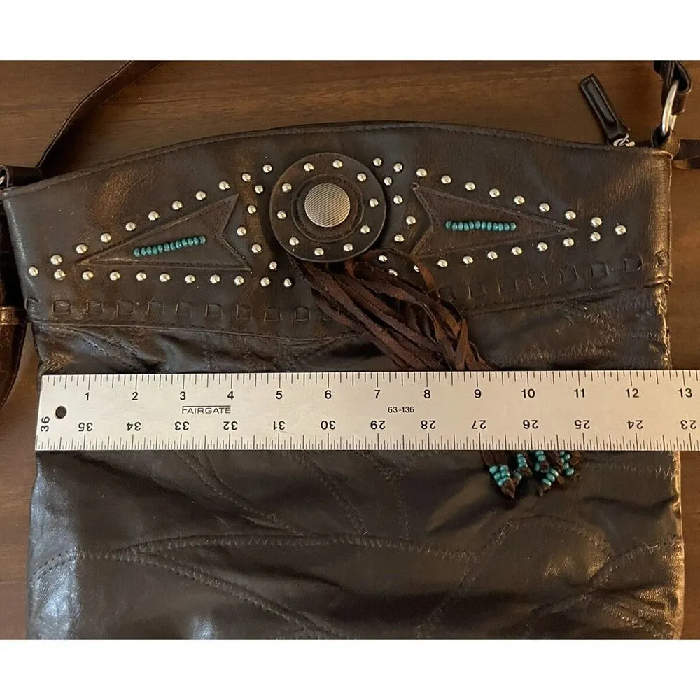 Brown leather BOHO Southwest fringe bag purse studded Turquoise Accent Aztec - Image 9