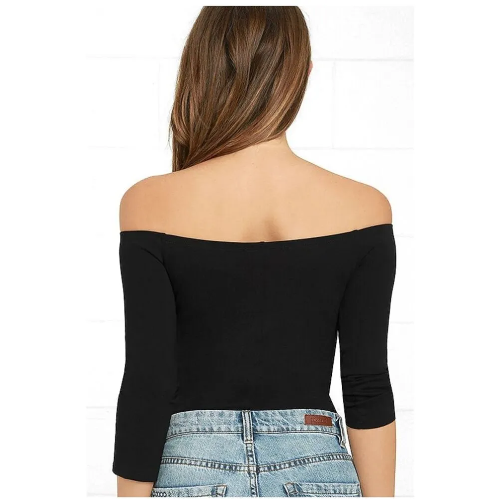 Lulus Like a Bird Black Off the Shoulder Bodysuit Stretchy 3/4 Sleeve Chic Sz L - Image 12