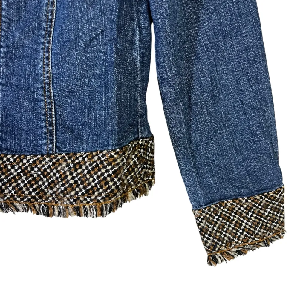 Coldwater Creek Tweed Trim Denim Jacket Womens 10 Medium Wash Fringe Retro 90s - Image 4