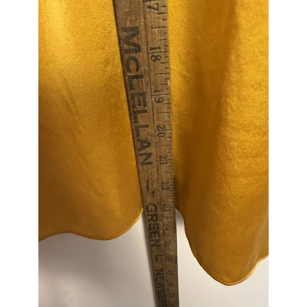 White House Black Market Women Shirt Button Up Silk Vneck Dark Gold Smocked Trim - Image 7