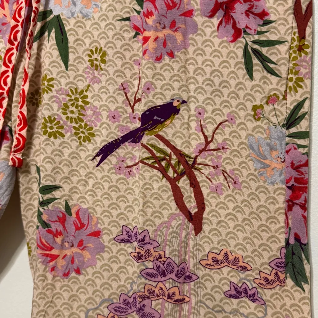 World Market Floral Boho Pants Size Large Elastic Waist Birds Nature Pink - Image 6