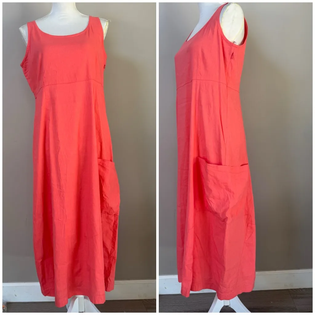Eileen Fischer coral melon linen blend sleeveless midi dress pocket sz Small - Image 5