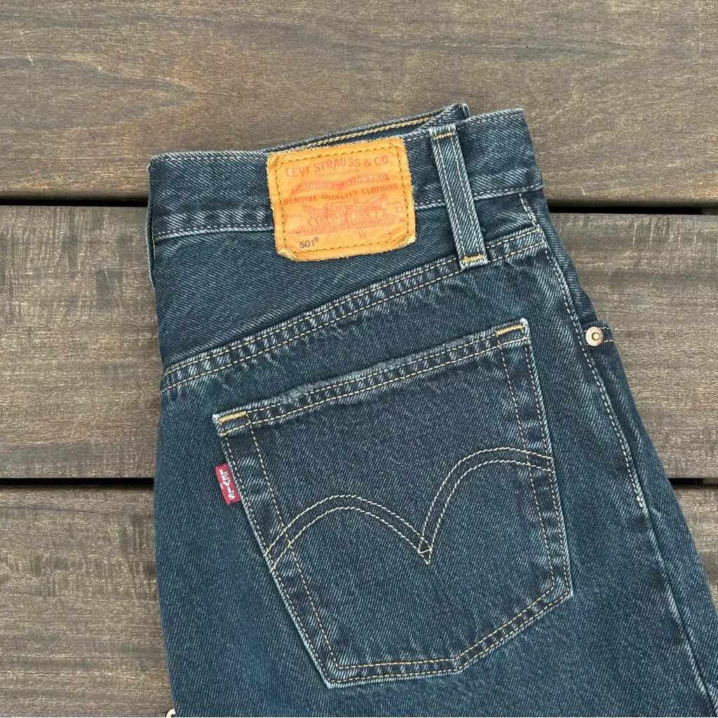 Levi's Straight Leg 501 Dark Wash Blue Denim Jeans w/ Distressed Knees - Image 2