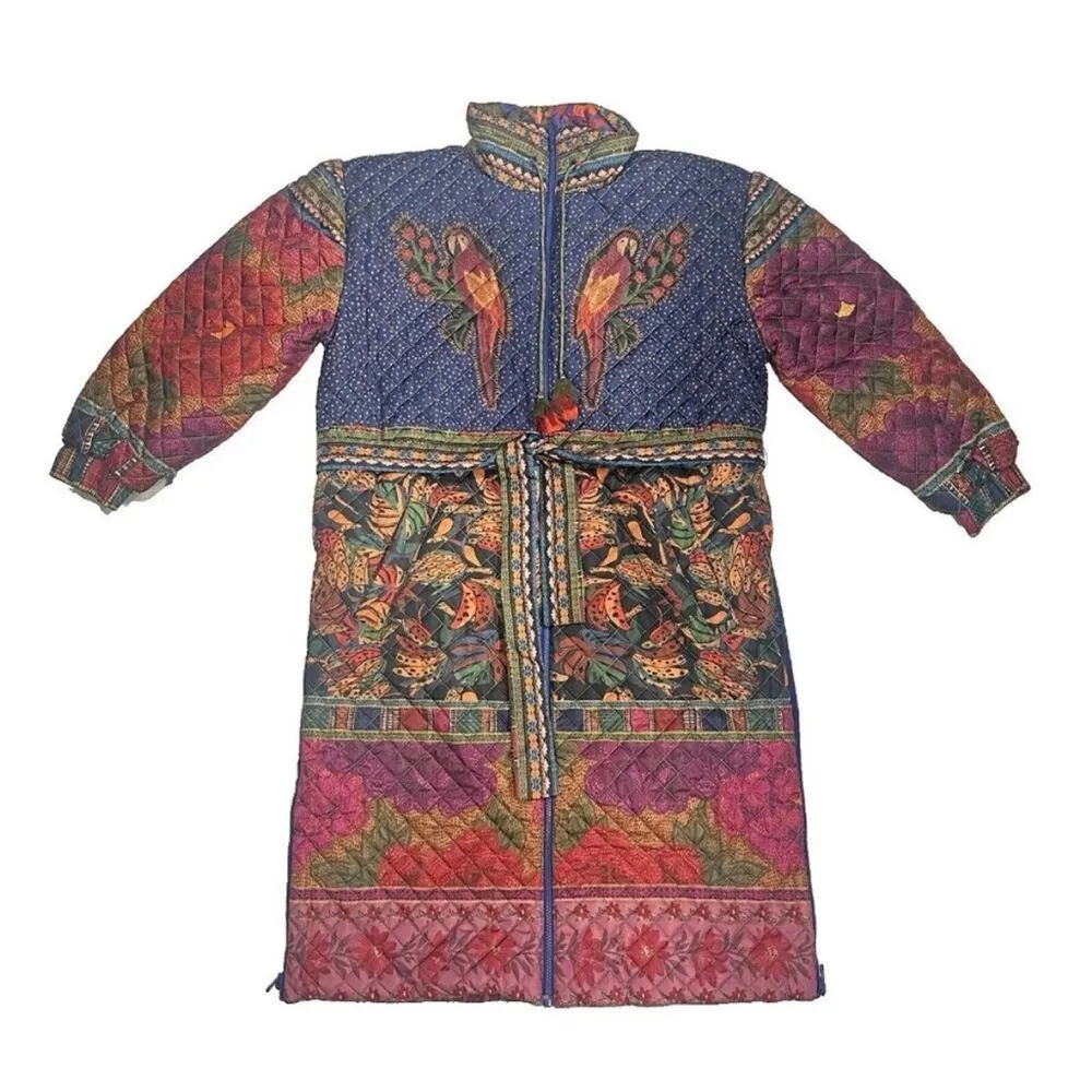 Farm Rio  Puffer Coat jacket M Midi Longline Belted Patchwork Parrot Reversible - Image 3