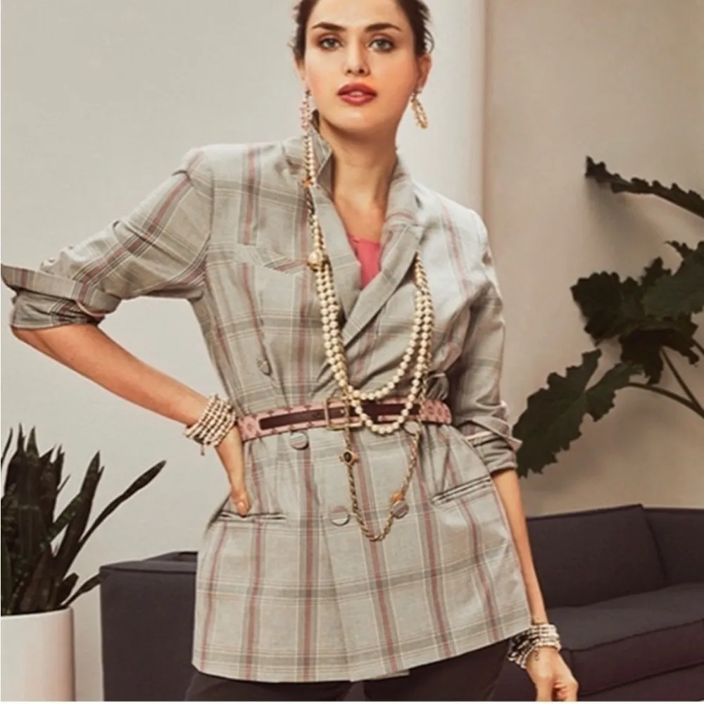 Cabi Sleuth Boxy Plaid Blazer Grey Pink Sz 6 - Image 4