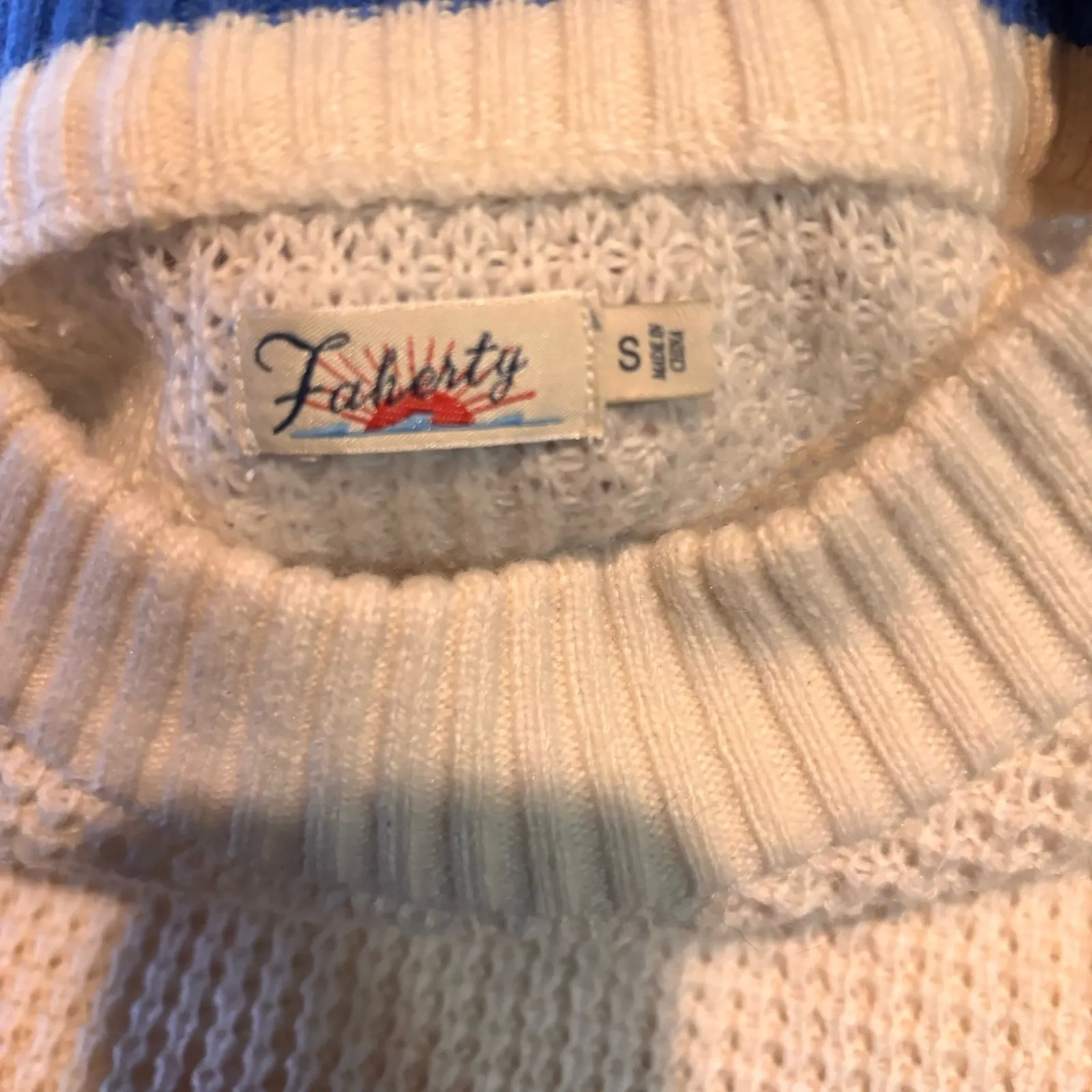 Faherty Throwback Crew Wisp Waffle Sweater Cream Varsity Stripe Red Blue S - Image 4