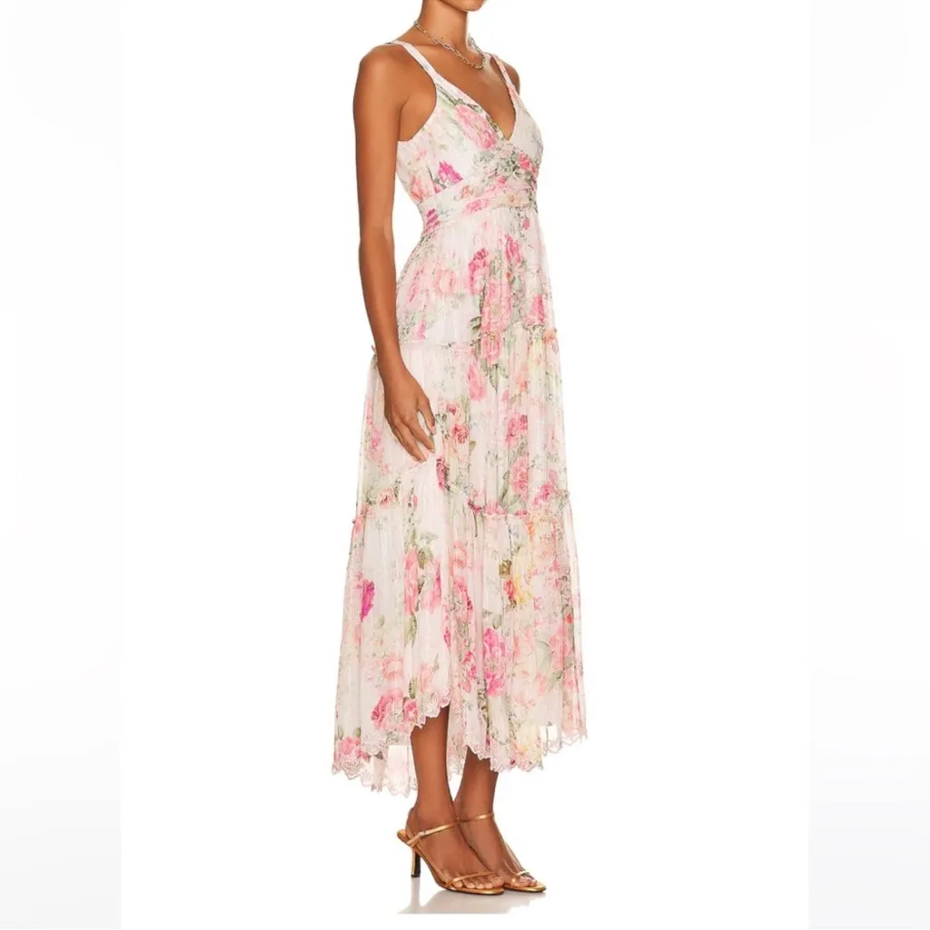 Hemant & Nandita Women’s Anka Pink Floral Peony Tiered White Metallic Midi Dress Size L - Image 9