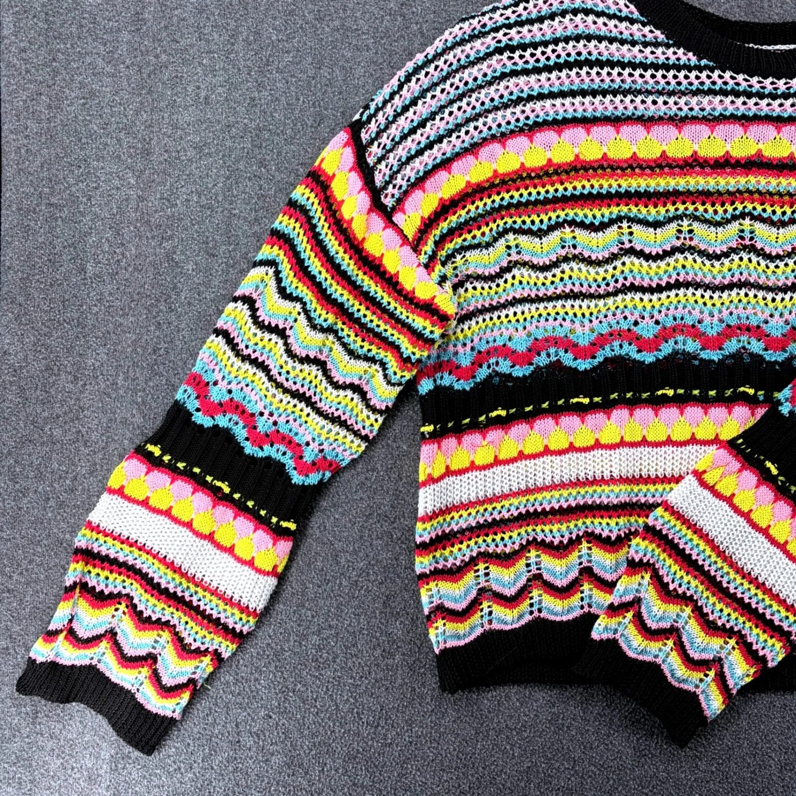 Womens Crochet Open Knit Boho Sweater Colorful Striped Long Sleeve Pullover READ Black Size L - Image 3