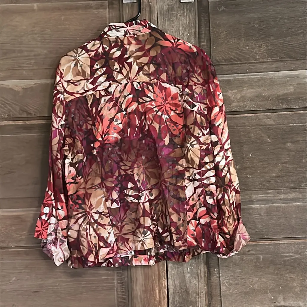 Ruby Rd Jacket Womens 18 W Red Floral‎ Cropped Button Collar Roll Tab Sleeve Size 18W - Image 6