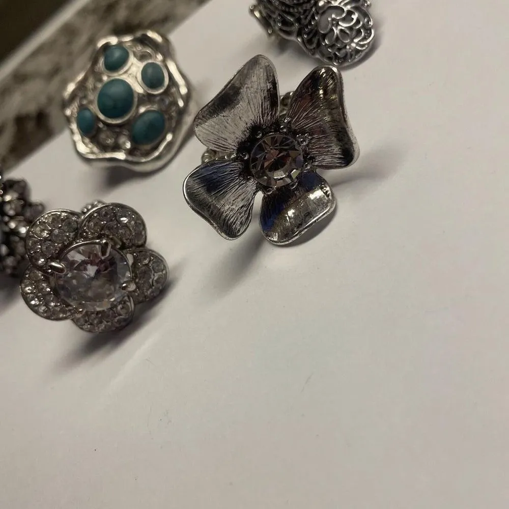 Lot Of 5 Stretchy Statement Costume Rings Some Rhinestone Silver Tone - Image 5