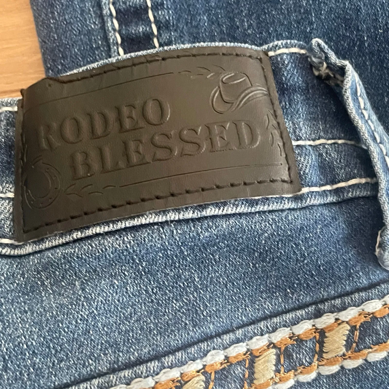 Rodeo Blessed Bootcut Flare Western Jeans Womens Sz 1 Y2K Thick Embroidery Blue - Image 5