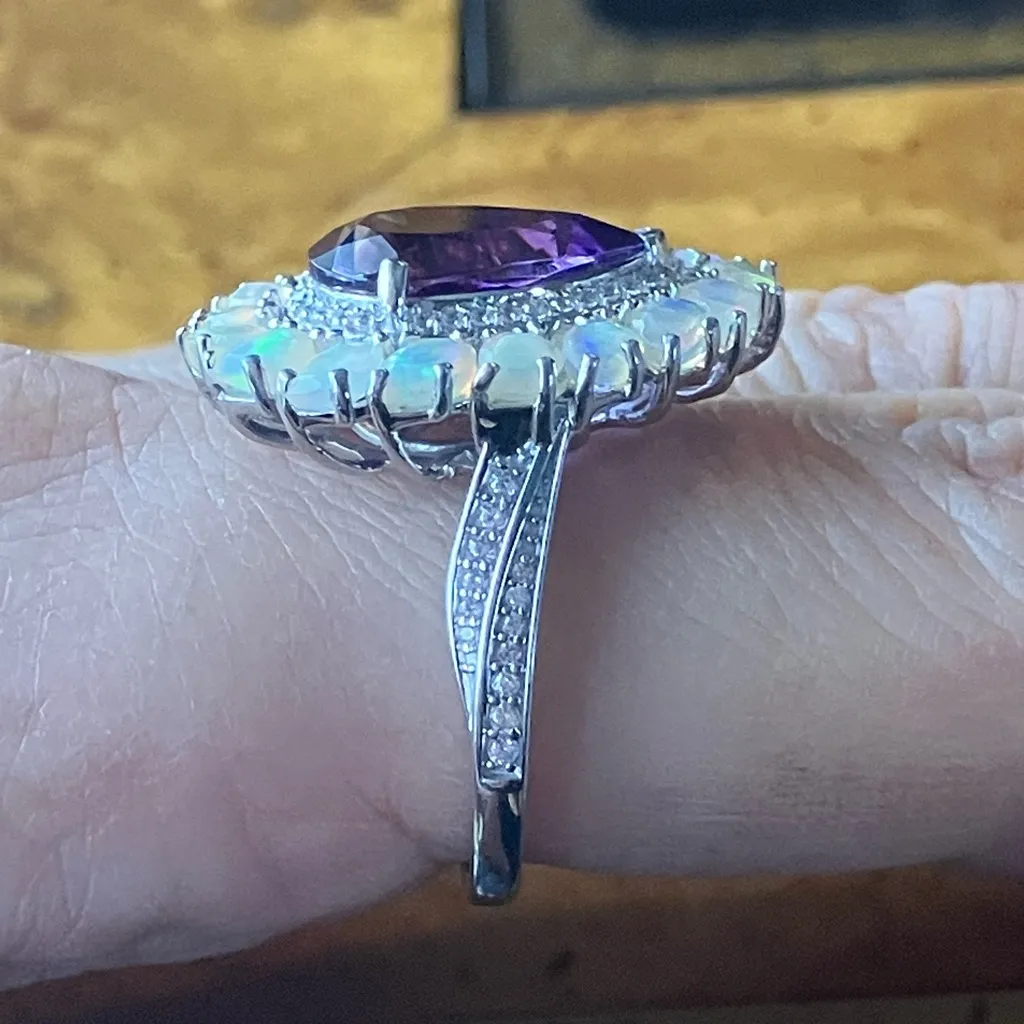 Moroccan Amethyst Ethiopian Opal Sterling Silver Cocktail Ring Size 9 Purple - Image 3