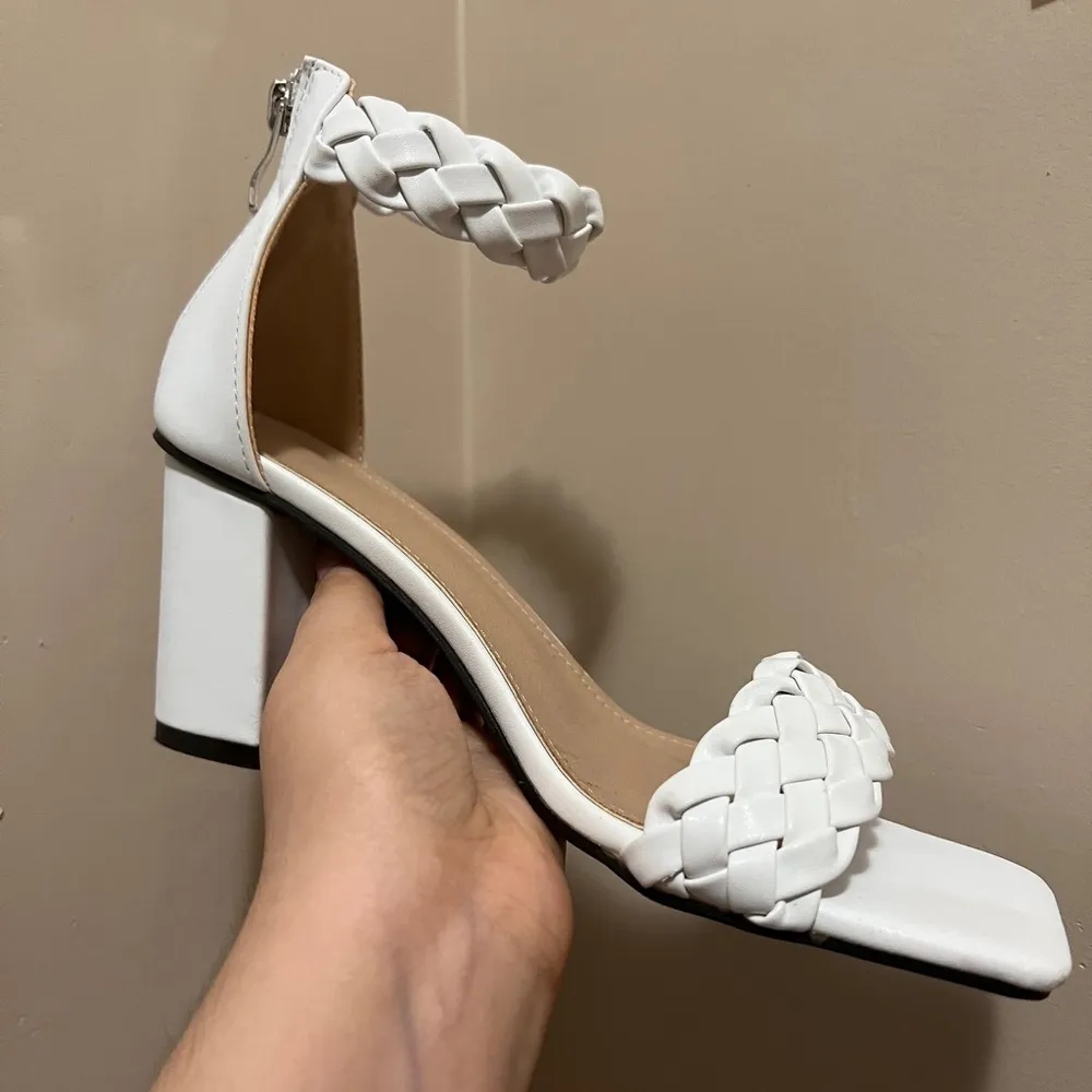 White Braided Strap Ankle Chunky Heeled Sandals - Image 6