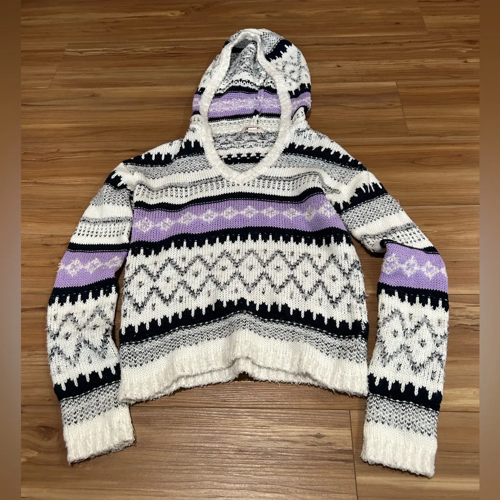 Arizona Jean Company V-Neck Hooded Sweater - Black, White, Purple Size Small - Image 1