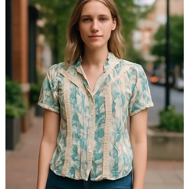 Nygard Collection Silk Blend SZ 12P Crochet Tie Back Cap Sleeve Boho Chic Floral Blue Size M - Image 2