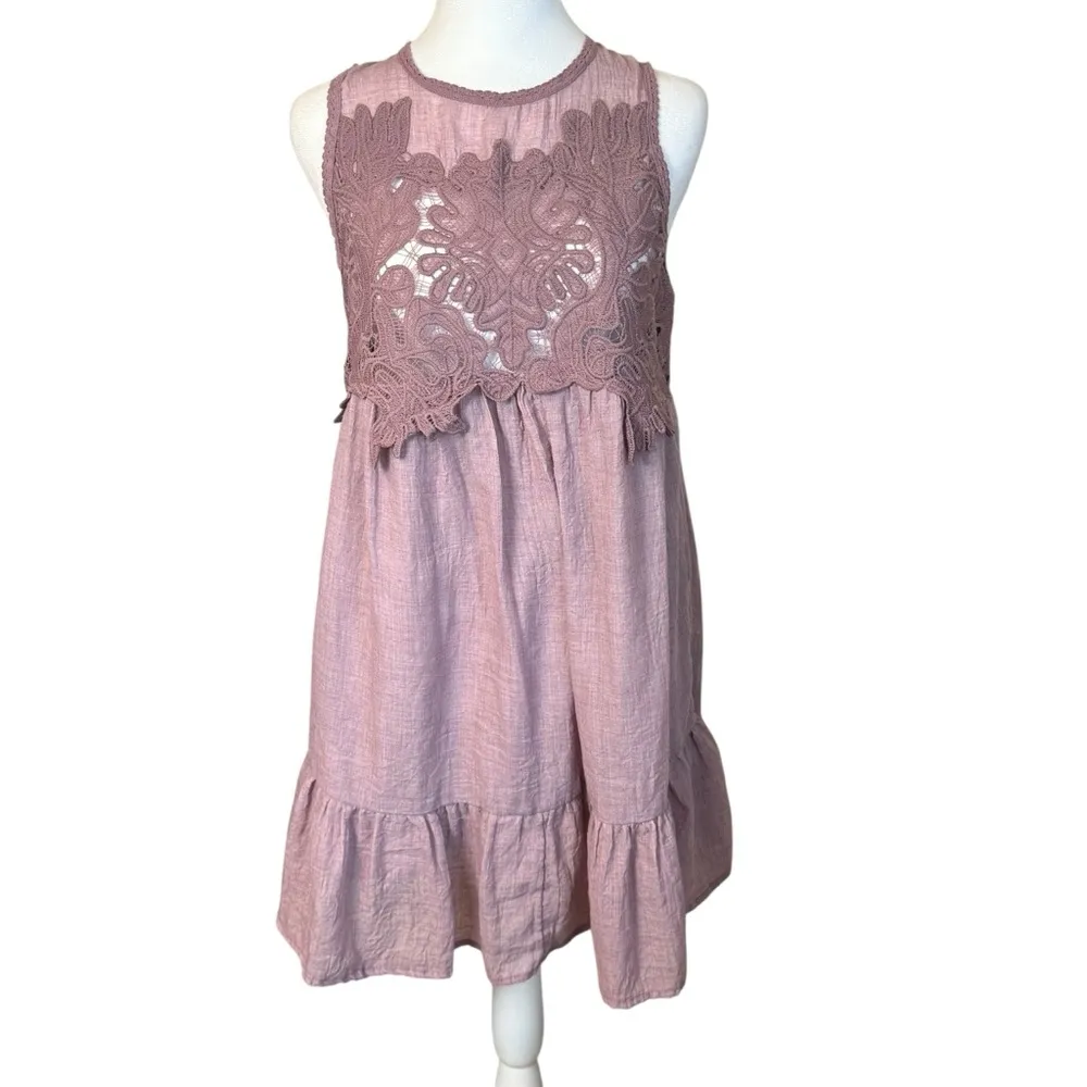 Umgee USA Lace Ruffle Hem Layered Tunic Dress Mauve Small Boho‎ Coquette Dainty - Image 2