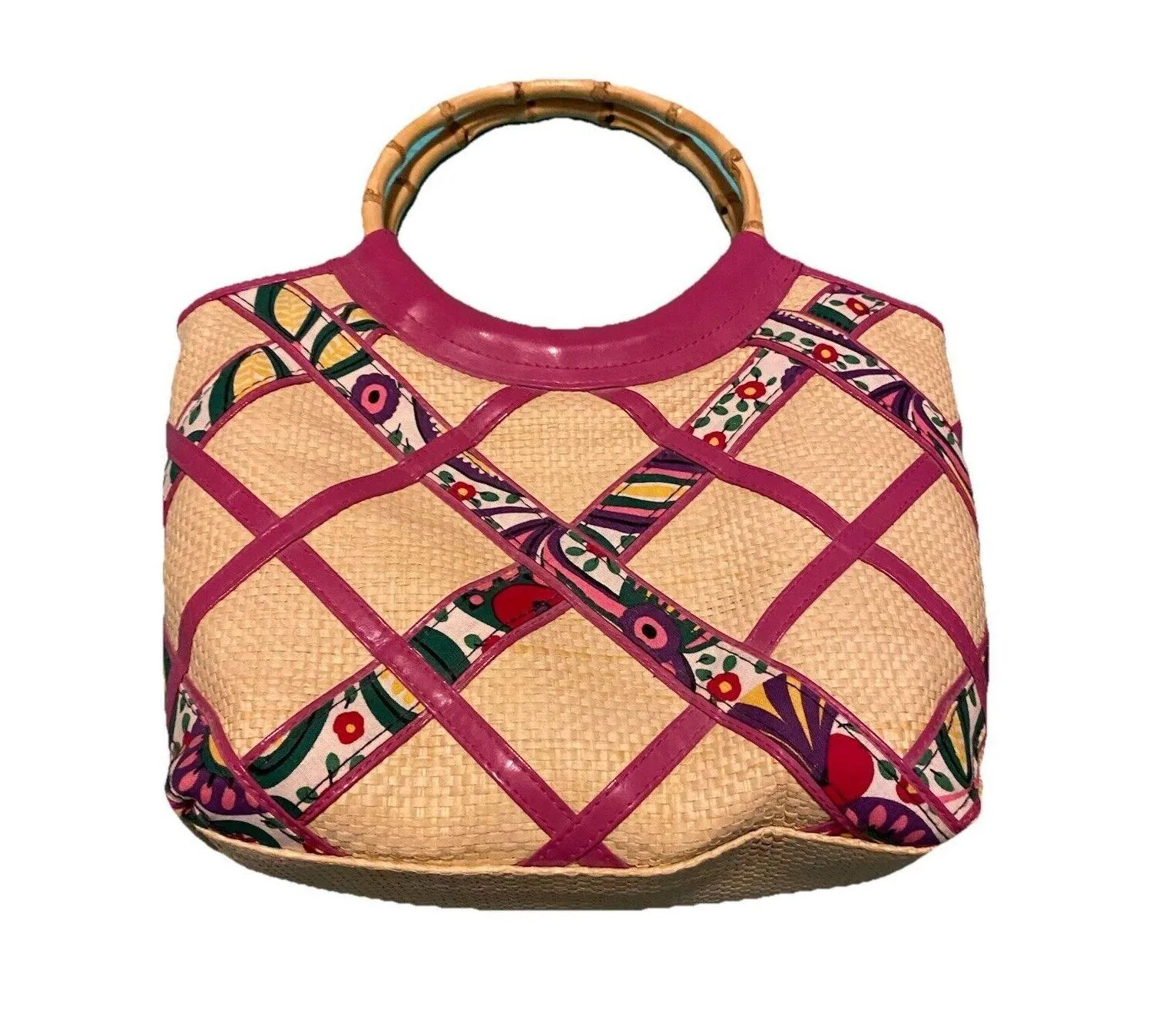 Viva La Vera Bradley Hand Bag Tote Bamboo Handle Pink Cream straw - Image 2