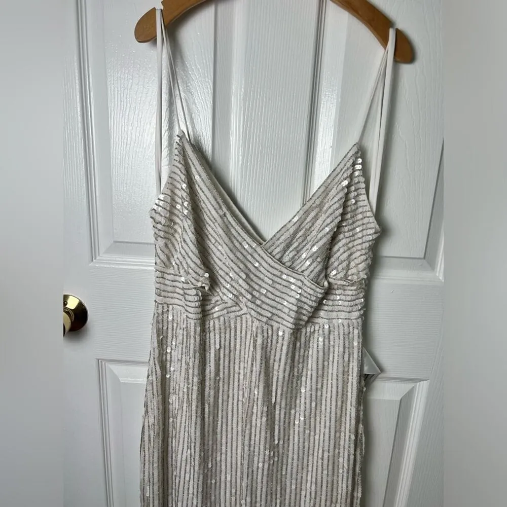 Mac Duggal #10817 White Silver Sequined Spaghetti Strap Scoop Back Gown Pearl 12 - Image 4