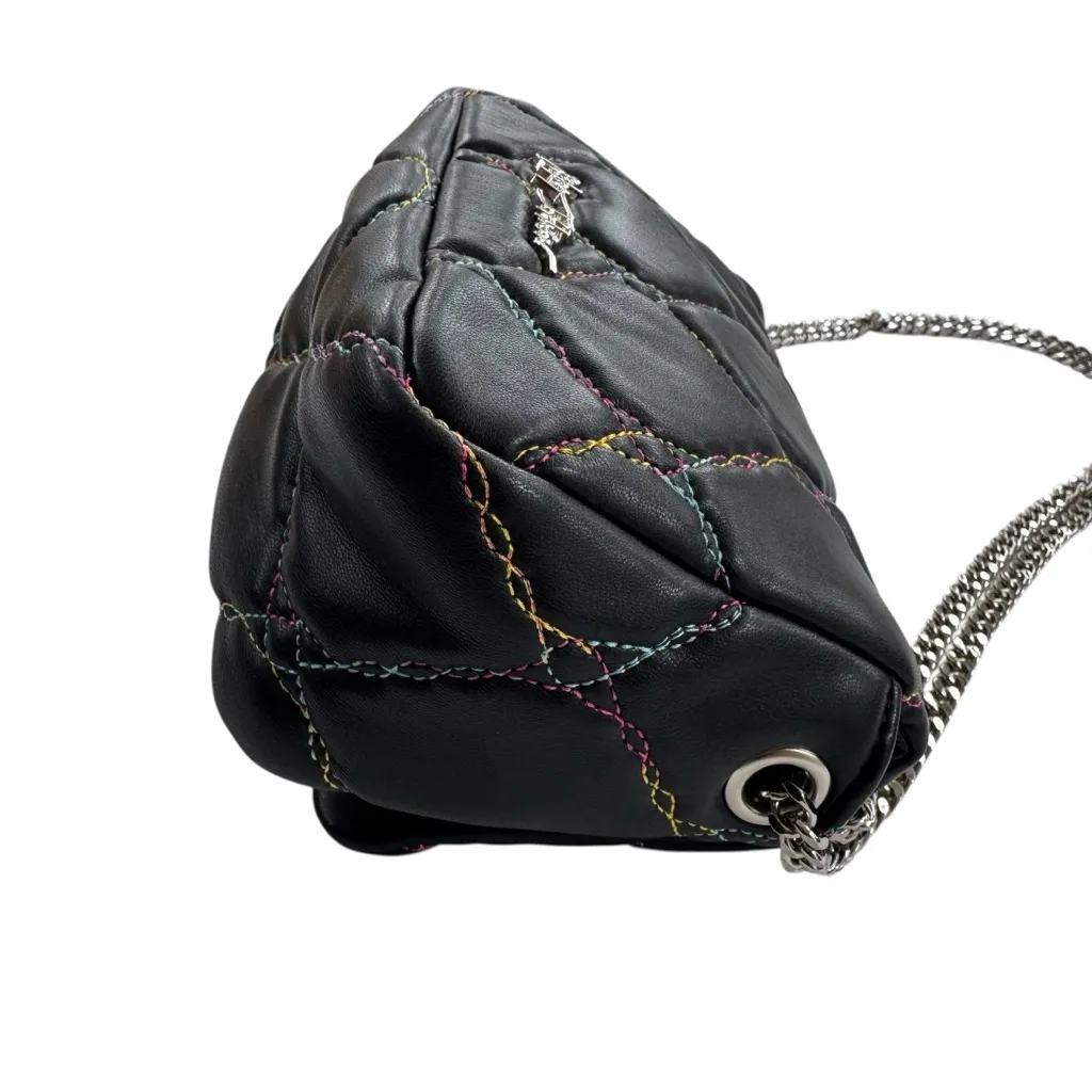 Betsey Johnson  Quilted Bag Rhinestone Lips Rainbow Stitching on Black - Image 13