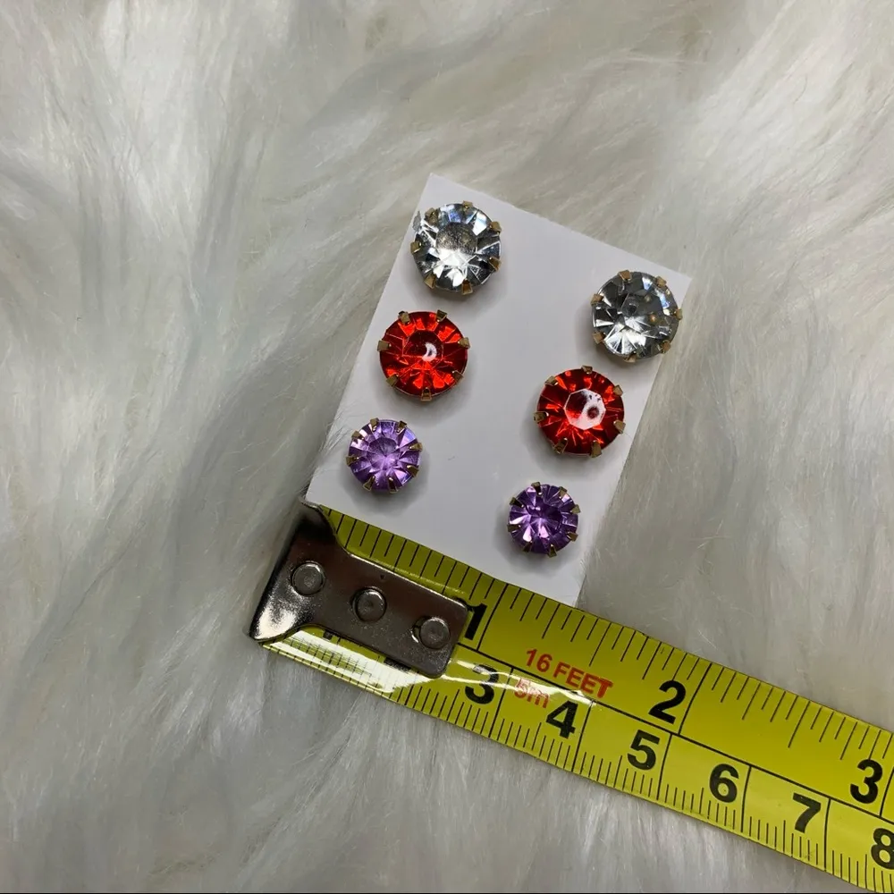 3 Colored Faux Diamond Stud Earrings Bundle Red - Image 6