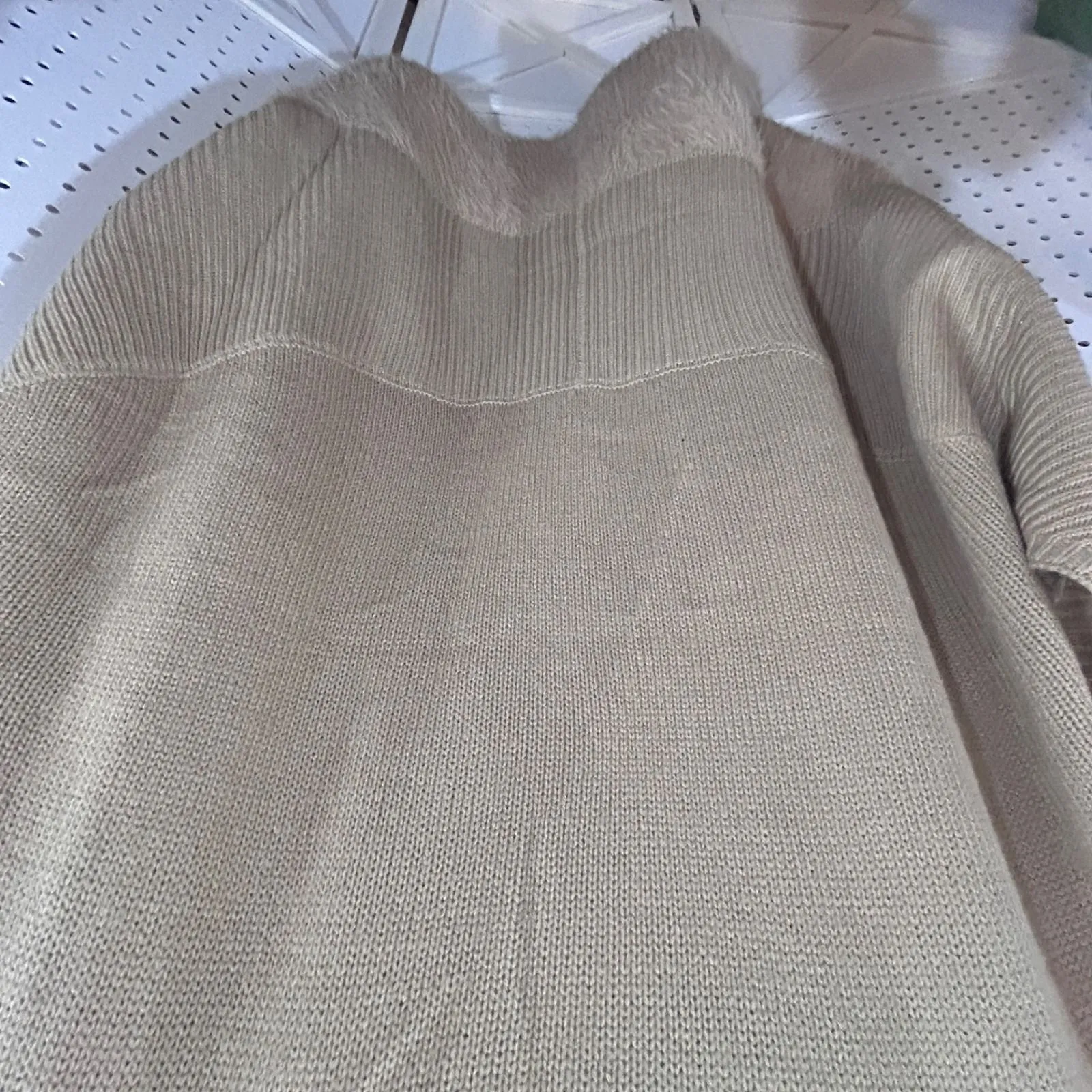 Avenue Fuzzy Knit Vest Cardigan Tan Open Front Waterfall Collar Sleeveless - Image 9