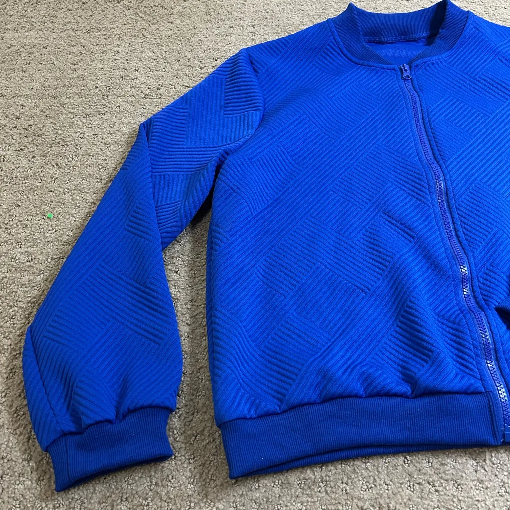 XL Royal Blue Quilted Geometric Textured Bomber Jacket Full Zip - Image 2