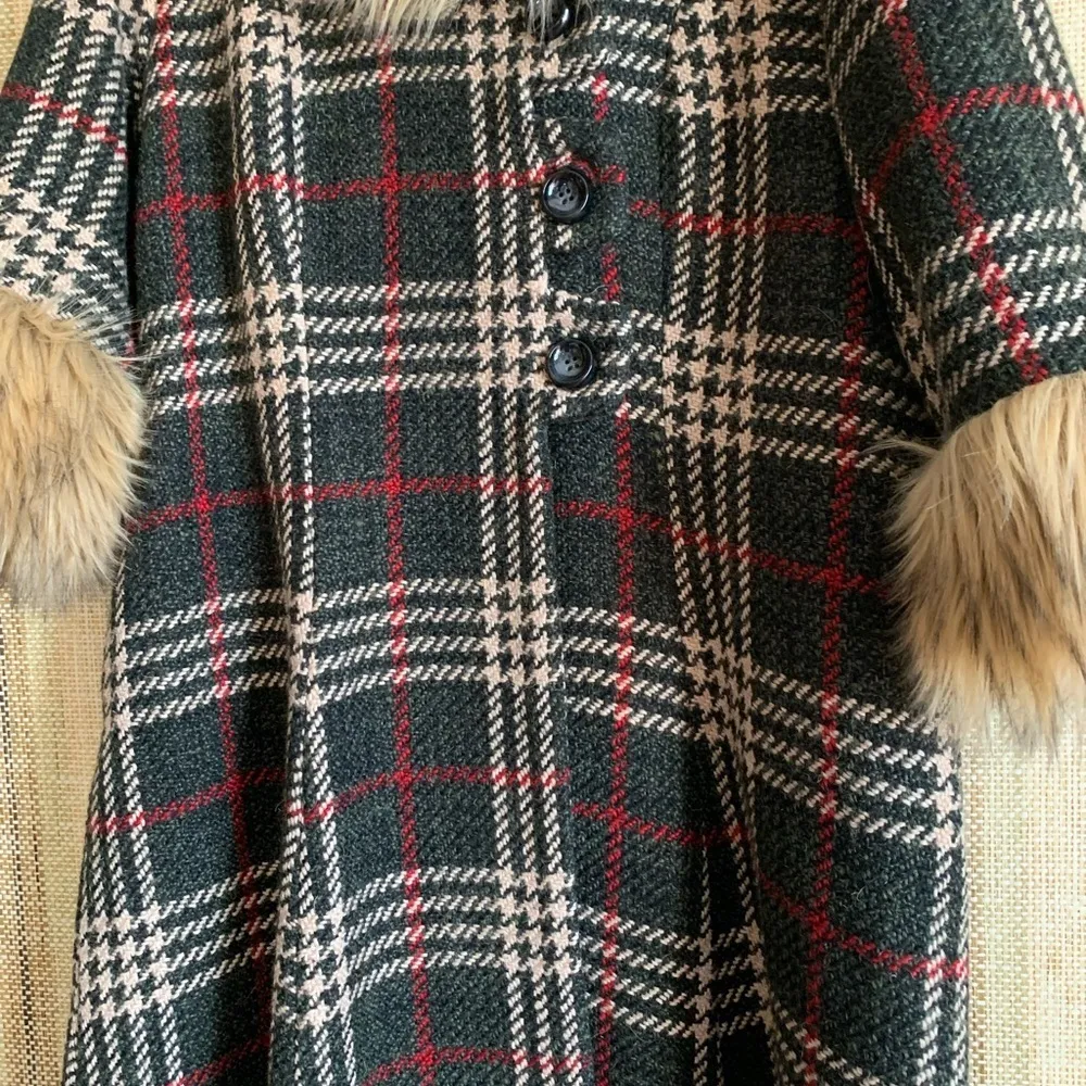 Vintage BANNED Plaid Faux Fur Trim Trench Coat Jacket Chic Fashion Designer Red Size L - Image 2