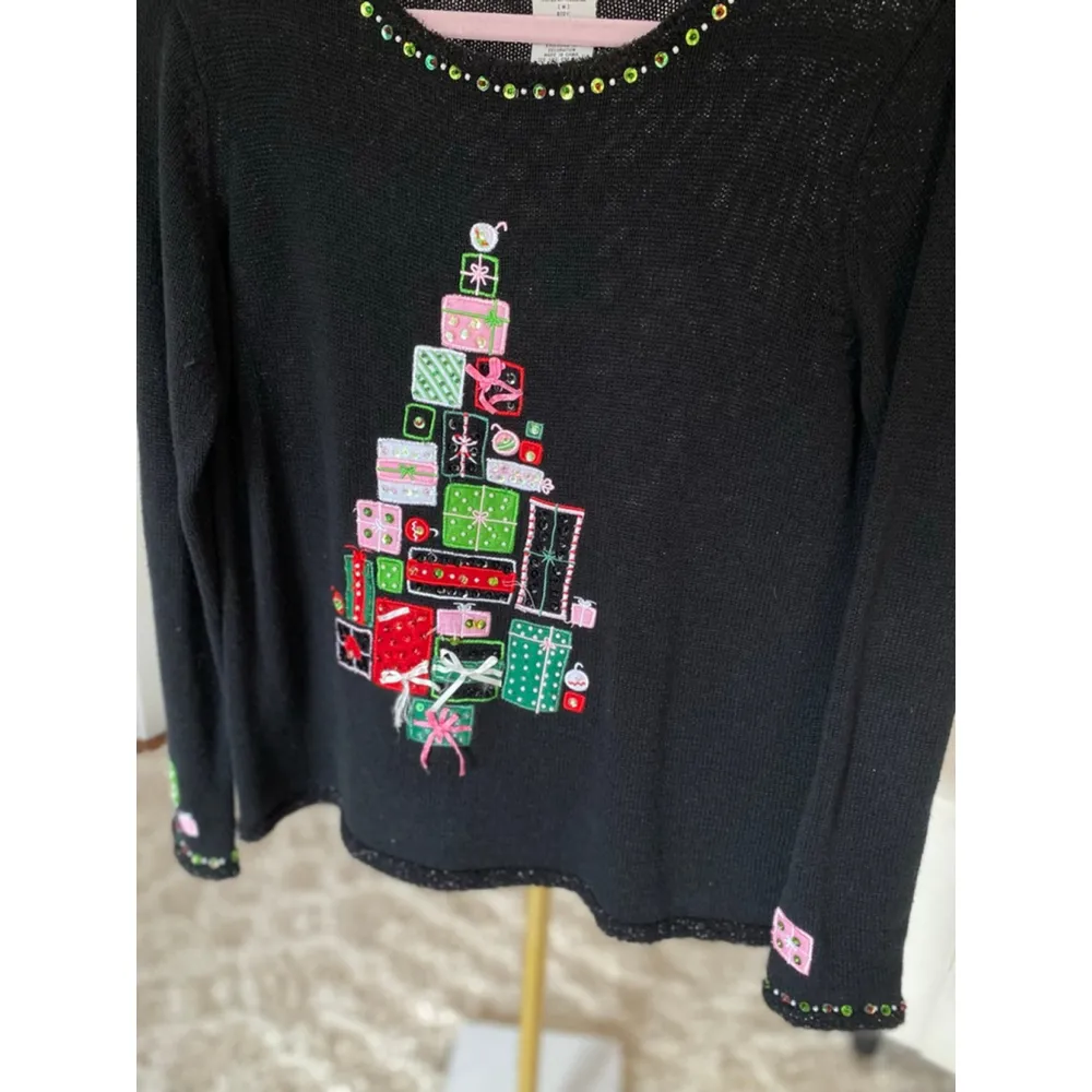Vintage Festive Christmas Sweater M Parisian Black Tree Presents Tiara Int Party - Image 4