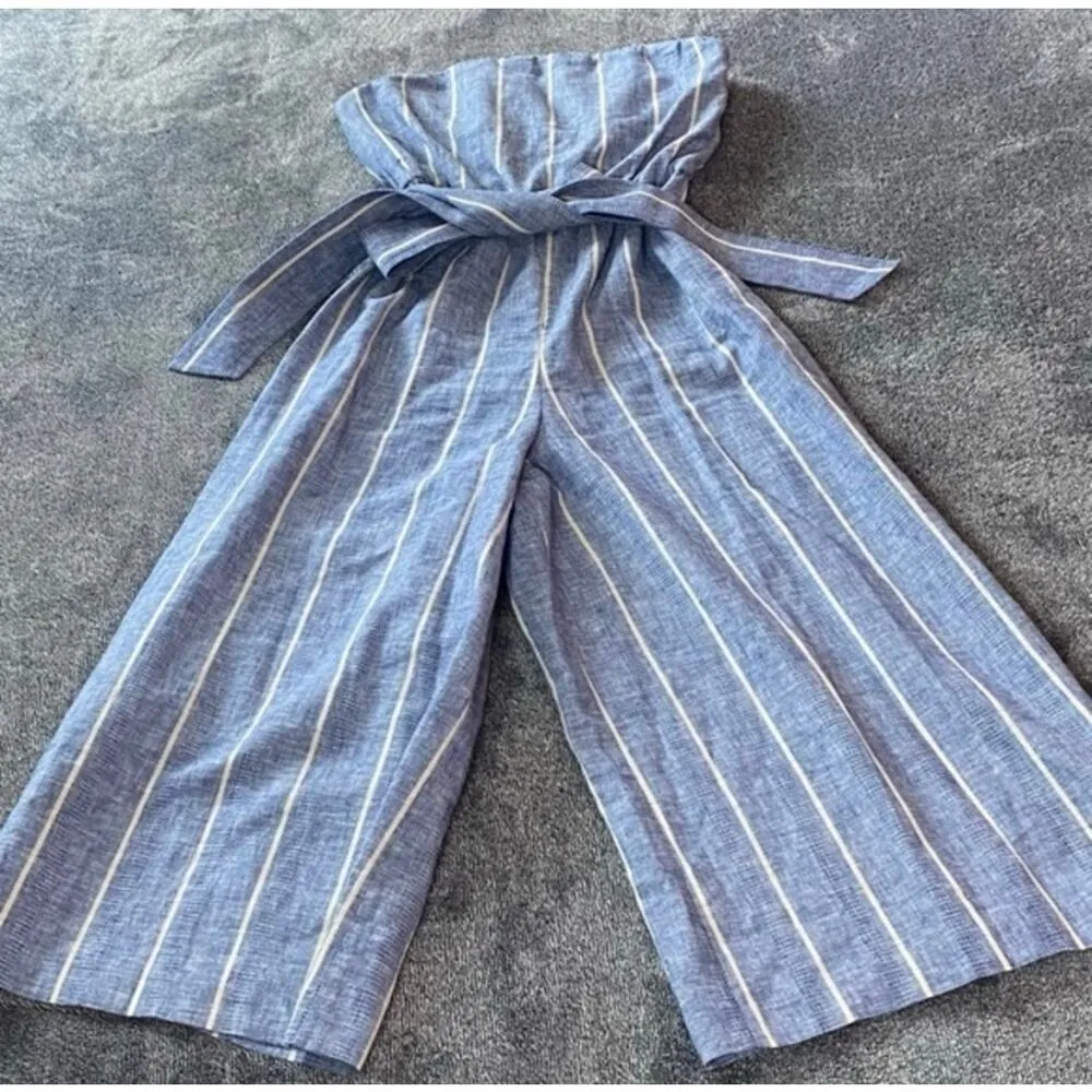 ALICE + OLIVIA Blue & White Striped Strapless Flared Jumpsuit w/ Bow - Image 2