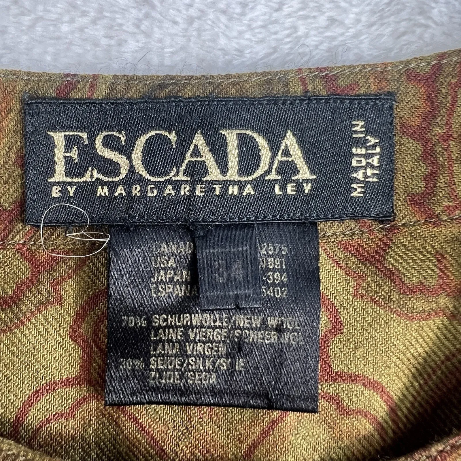 Escada 34 US S Top Blouse Gold Paisley Wool Silk Shirt Margaretha Ley Designer - Image 7