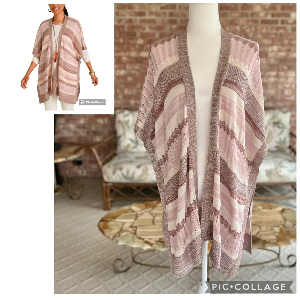 Chico’s Cardigan Ruana Wrap Pink Multi Textured Striped Kimono Sleeve S/M - Image 2