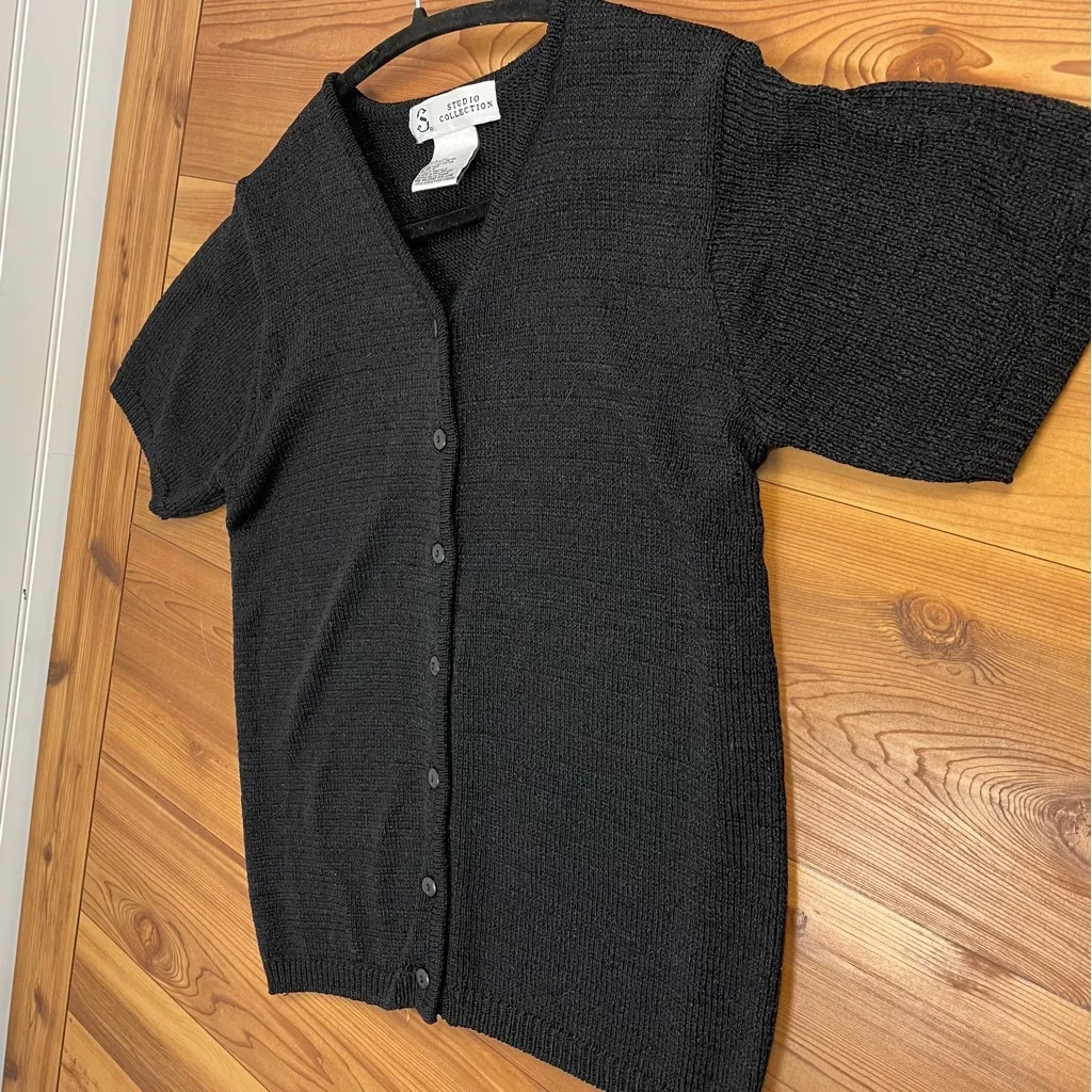 Studio Collection Black Short Sleeve V Neck Button Up Cardigan Sweater Medium - Image 7