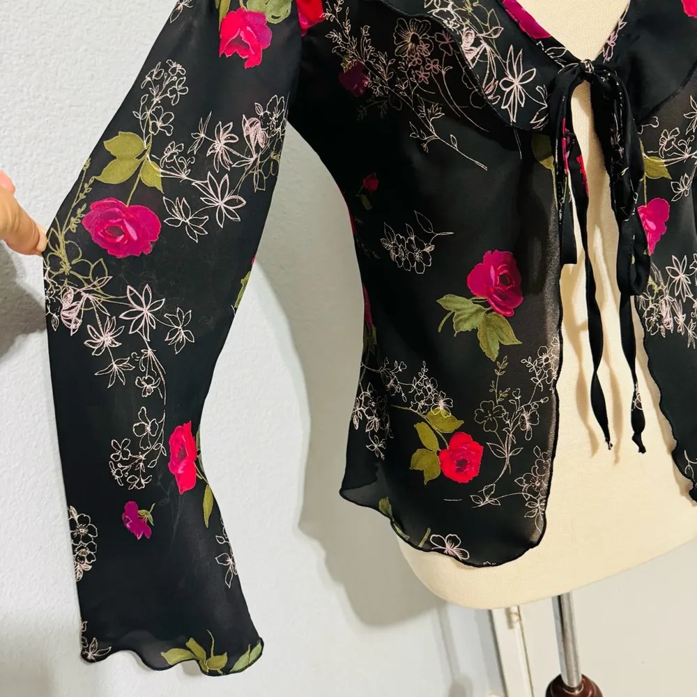 Connected Apparel Floral Black Wide Sleeves Lightweight Tie Front Cardigan 8 - Image 4