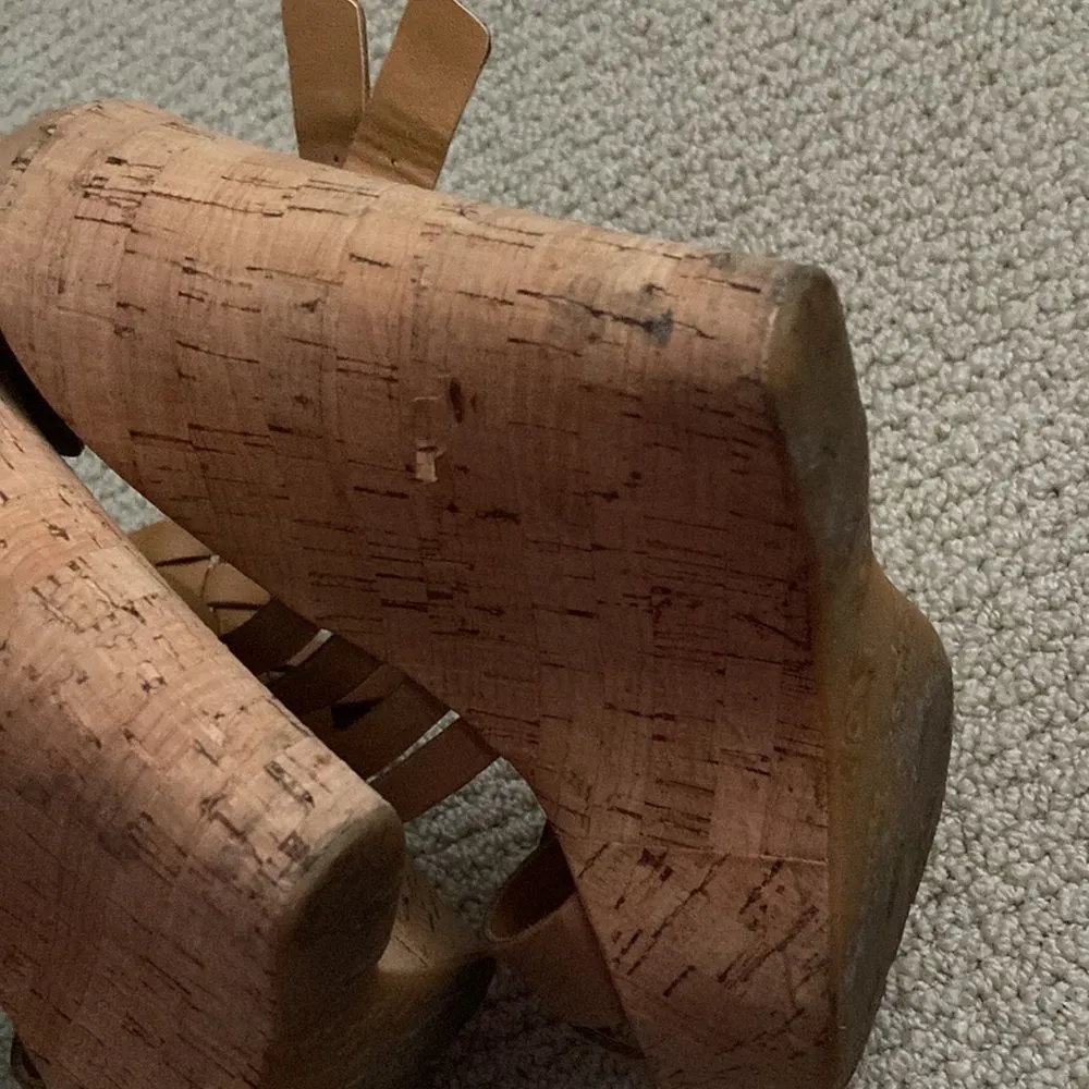 Korks by Kork-Ease Platform Wedges Size 8 Cork Leather Tan Strappy High Heels - Image 5