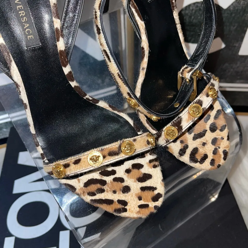 Versace Leopard Animal Print Calf Hair Medusa Coin Stiletto Sandal Heels - Image 12