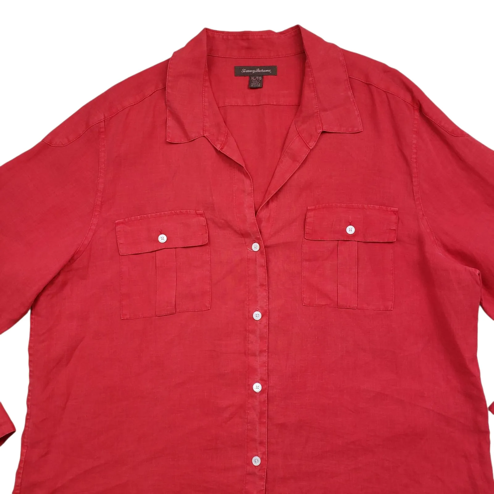 Tommy Bahama Linen Shirt Womens XL Red Long Sleeve Button Up Roll Tab Pcokets - Image 12